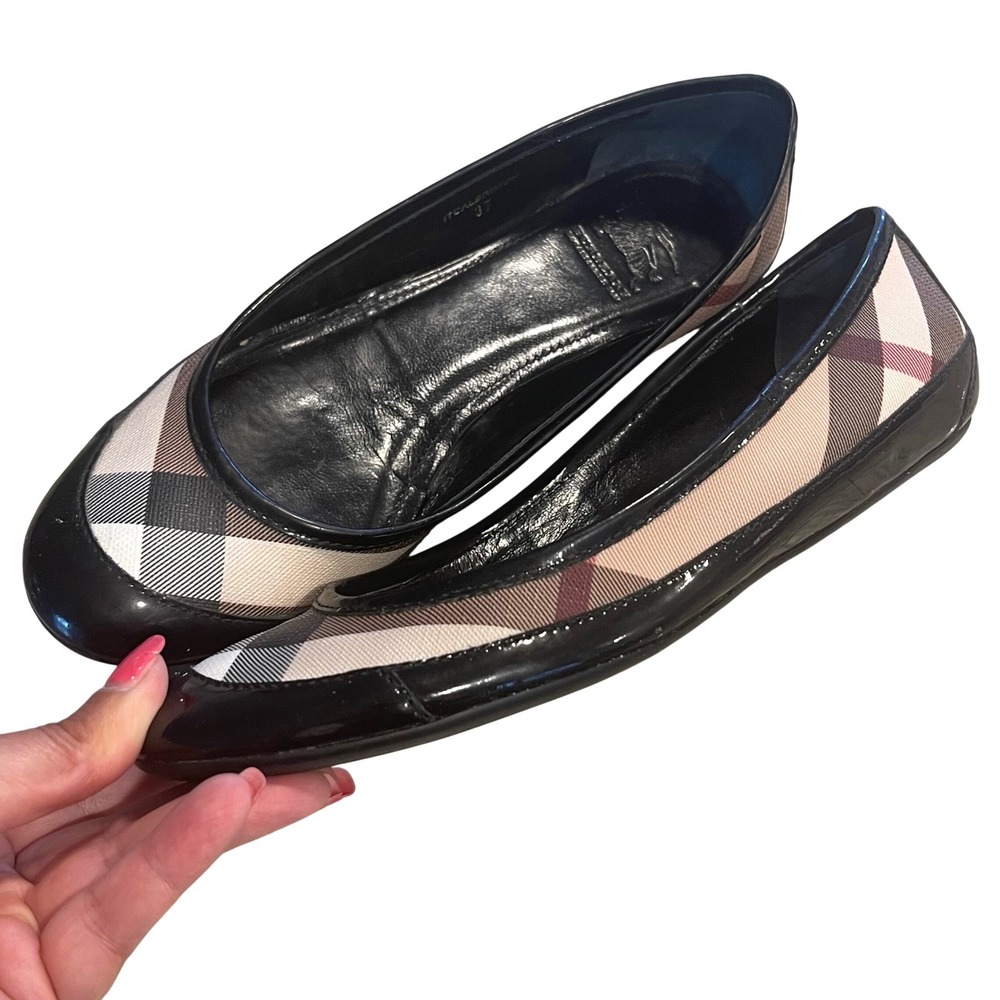 Burberry Ballet Flats Womens 37 Black House Check Patent ITCALBRIMON Preppy Chic